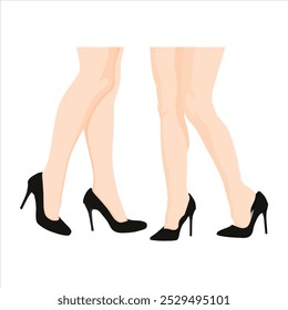 Conjuntos de Ilustración vectorial de pierna femenina en estilo plano de dibujos animados. Piernas de mujer con zapatos. Piel suave femenina en mallas, pie sensual de la muchacha con la espinilla levantada, pierna de la mujer en mallas. 