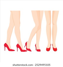 Conjuntos de Ilustración vectorial de pierna femenina en estilo plano de dibujos animados. Piernas de mujer con zapatos. Piel suave femenina en mallas, pie sensual de la muchacha con la espinilla levantada, pierna de la mujer en mallas. 