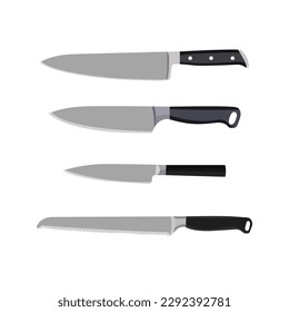 Vektorgrafik-Messer-Sets. Verschiedene Küchenschneidewerkzeuge mit Holzspanplatte