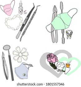 Vector illustration of sets of stomatology tools on a white background. For printing on paper, clothes, interior, stomatology, preparation for designers
