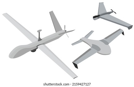 Vector Illustration Sets Of Unmanned Aerial Vehicle (UAV), Military Drone Spy Attack, Aircraft Control Technology Surveillance Equipment, Uav Advanced Fighter