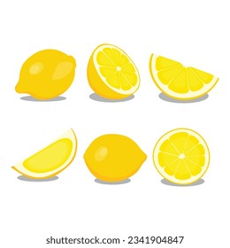 Vector illustration sets of yellow lemon in cartoon style. Lemon fruit with leaves hanging in branch.  Sliced or cut various parts of citrus lemon orange image. Elements for logo, icon, clipart etc.