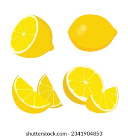 Vector illustration sets of yellow lemon in cartoon style. Lemon fruit with leaves hanging in branch.  Sliced or cut various parts of citrus lemon orange image. Elements for logo, icon, clipart etc.