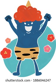 Vektorgrafik von Setsubun-Dämonen, die sowohl Hände als auch Pflaumenblüte lachen und heben