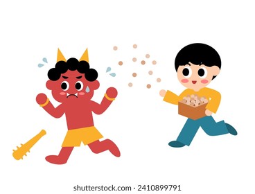 Vector illustration of Setsubun, a traditional Japanese event. A boy throws lucky soybeans to exterminate demons that bring misfortune. White background.
