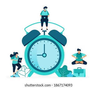 vector illustration of setting alarm clock to wake up in morning. Scheduling and plan notification alerts. women and men workers. designed for website, web, landing page, apps, ui ux, poster, flyer