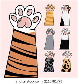 Vector illustration of seven cartoon cat paws. Tiger, Sphynx cat with sweater and wild cat paws. Doodle illustration sign