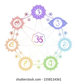 Vector illustration of seven chakra symbols, om sign and geometric pattern. Color image on a white background.