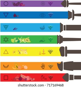 vector illustration of seven chakras with corresponding symbols  colors and foods for spiritual energy balancing designs