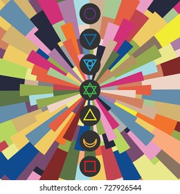 vector illustration of seven chakras symbols with colorful stylized beams shine for body and spiritual energy training designs