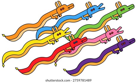 A vector illustration of seven colorful dragons, conveying a sense of speed and good fortune.