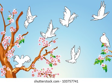 A vector illustration of a seven dove flying away.