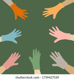 Vector illustration of seven hands with different coloured rubber gloves around the edges of image with green background leaving space in middle for runaround or wraparound text for hygienic concept