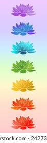 Vector illustration of seven lotus silhouettes in vibrant colors, set against a gradient rainbow background. Perfect for yoga mat printing or a calming vertical poster.