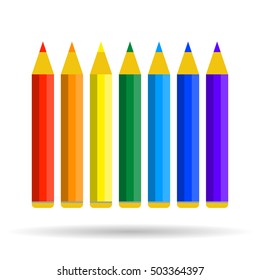 Vector illustration of seven pencils of rainbow colors isolated on white in flat style. School or education icon