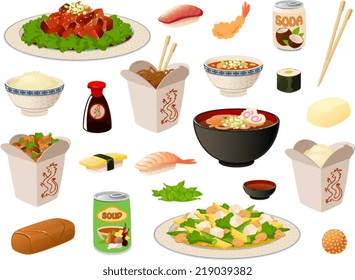 Vector illustration of several asian food items/dishes.