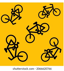 a Vector illustration of several bicycle icons on an orange background. Bicycle sales business