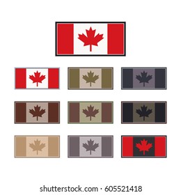 Vector illustration of several Canada flag military patches with military color schemes.