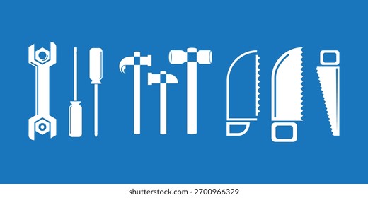 Ilustração vetorial de várias ferramentas de carpintaria com um fundo azul.