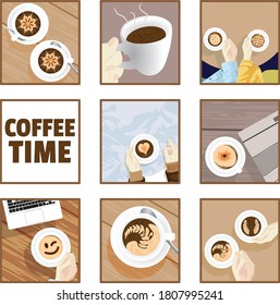 vector illustration of several collection of images about enjoying coffee. some scenery while enjoying coffee.morning routine. need a caffeine for release a stress. night routine after busy day.