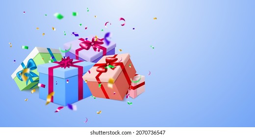 Vector illustration with several colored gift boxes with ribbons and bows, and small blurry pieces of serpentines on light blue background
