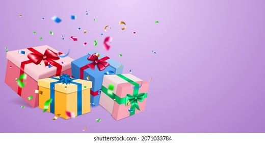 Vector illustration with several colored gift boxes with ribbons and bows, and small blurry pieces of serpentines on purple background