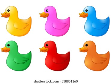 Vector illustration of Several colors rubber ducks on white background