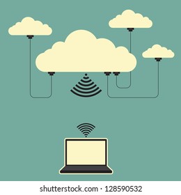 Vector illustration of several connected online cloud storages and a laptop.