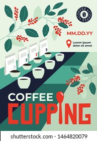 Vector illustration with several cups of brewed and ground coffee on the table. Branches of coffee tree with leaves and berry. Poster for cafe announcing tasting event. Template for banner, placard.