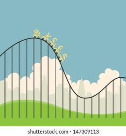 Vector illustration of several currency signs on a roller coaster.