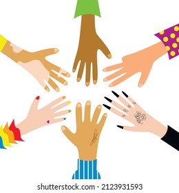 Vector illustration - several different hands stretched out to each other - year, LGBT, vitiligo, different skin colors isolated on a white background. Concept - human rights and diversity