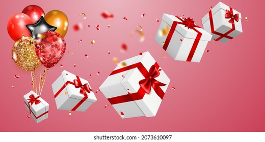 Vector illustration with several gift boxes with red ribbons and bows, golden and silver balloons and small blurry pieces of serpentines on pink background
