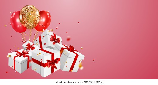 Vector illustration with several gift boxes with red ribbons and bows, golden and silver balloons and small blurry pieces of serpentines on pink background