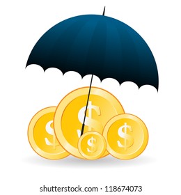 Vector illustration of several gold dollar coins covered with umbrella.
