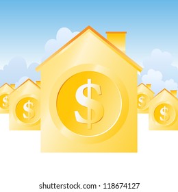 Vector illustration of several gold dollar houses.