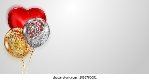 Vector illustration with several golden, red and silver helium balloons, round and heart-shaped, on white background