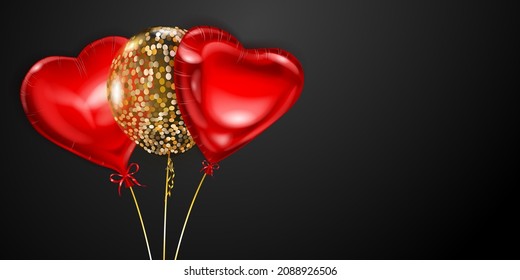 Vector illustration with several golden and red helium balloons, round and heart-shaped, on black background