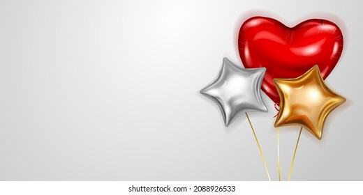Vector illustration with several golden, red and silver helium balloons, heart-shaped and star-shaped, on white background