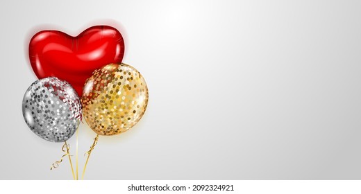 Vector illustration with several golden, red and silver helium balloons, round and heart-shaped, on white background