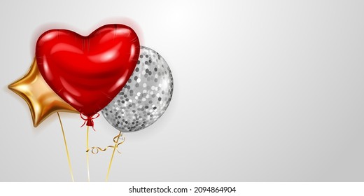 Vector illustration with several golden, red and silver helium balloons, round, heart-shaped and star-shaped, on white background