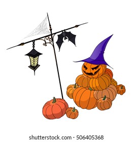 Vector illustration of several halloween pumpkins, a bat, a lantern and a web of spider. Hand made drawing.