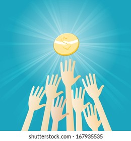 Vector illustration of several hands scrambling to get a gold dollar coin.