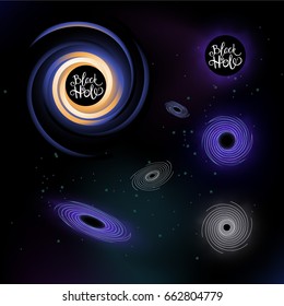 Vector illustration with several images of black hole. Spiral shafts, glowing and lettering, colored and monochromatic, flat and in perspective.