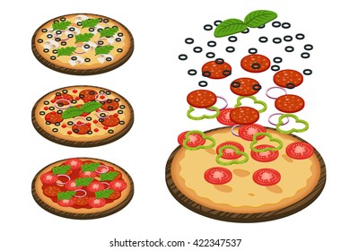 Vector illustration of several isometric pizzas with various ingredients.