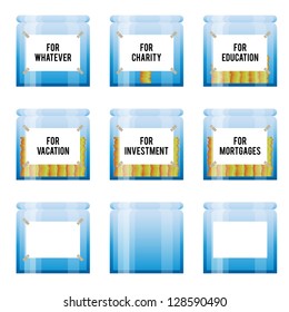 Vector illustration of several labeled glass containers with gold dollar coins.