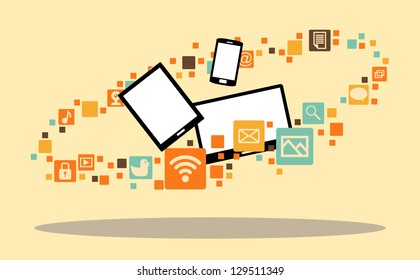 Vector illustration of several multimedia devices surrounded with app icons.