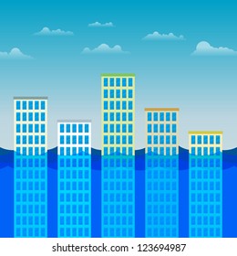 Vector illustration of several office buildings partially submerged by water.