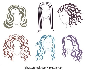 Vector Illustration of the several options styles for women hair silhouettes. Beauty salon cosmetology service or barbershop logo. Vector Illustration. 