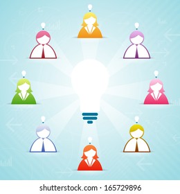 Vector illustration of several people contributing their ideas into a larger collaborative idea.