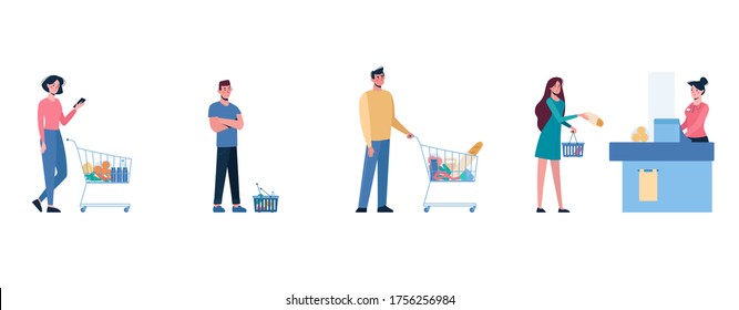 vector Illustration of several people standing in line to shop in supermarket and keep social distance, so as not to spread virus, COVID-19.  Men and women stand in front of cash register, with carts